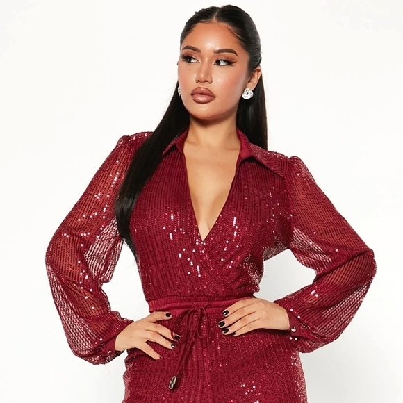 FashionNova Deep Red Wrap Front Collared Fully Sequin Long Sleeve Jumpsuit- sz S - Picture 4 of 13